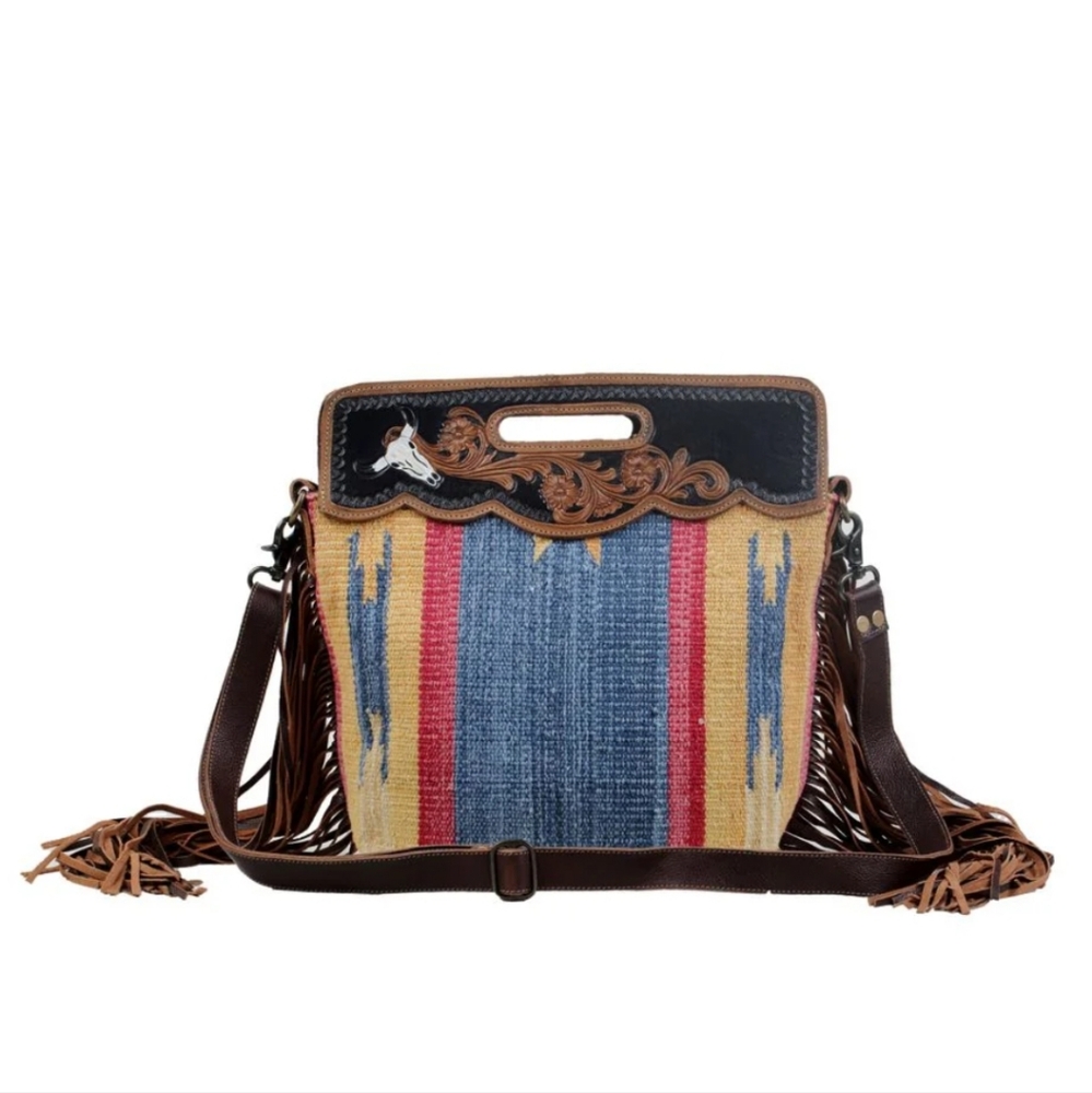 GUC Myra Bag Blue Stream Hand Tooled Fringe Crossbody Hand Carry Bag, Gorgeous